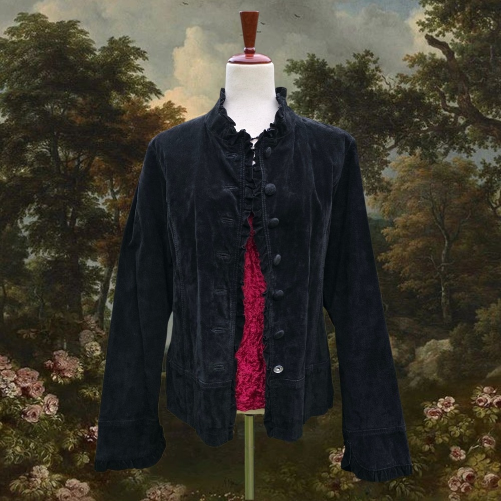 Brandon Thomas Leather Jacket Sz L Black Mock Neck Ruffle Victorian Whimsigoth